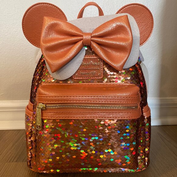 Disney Park Loungefly Minnie Mouse Sequined Mini Backpack + Ears Peach Punch - Picture 2 of 11